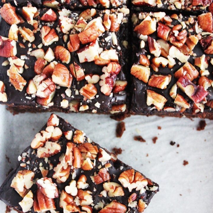 Chocolate Sheet Cake with Ganache Frosting & Toasted Pecans